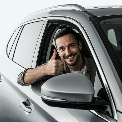 Um homem acenando de um carro novo